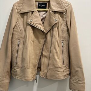 Guess leather jacket. Bone color. Large. Zipper pockets and sleeves.
